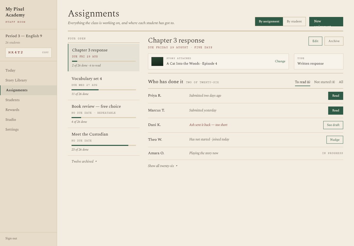The Assignments screen, listing what the class is working on and where each assignment lives on campus.
