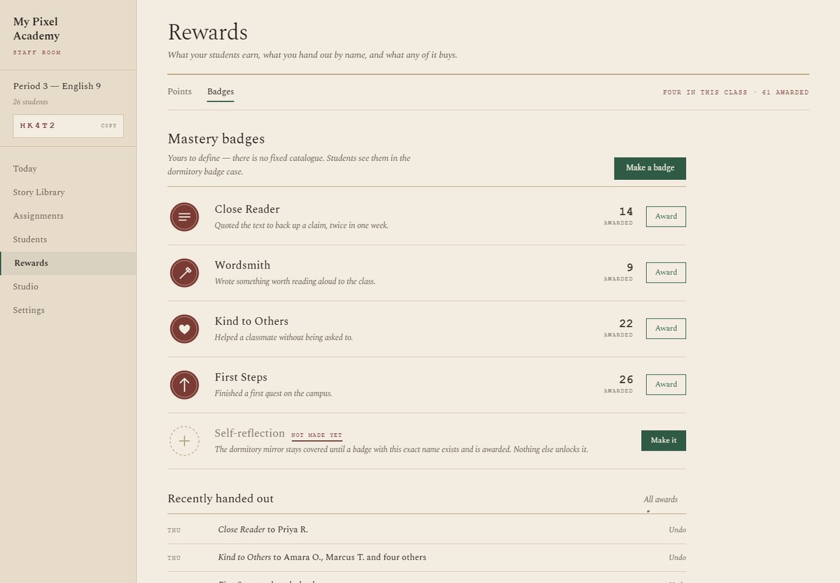 The Badges screen, where Mastery Badges are created for major learning objectives.