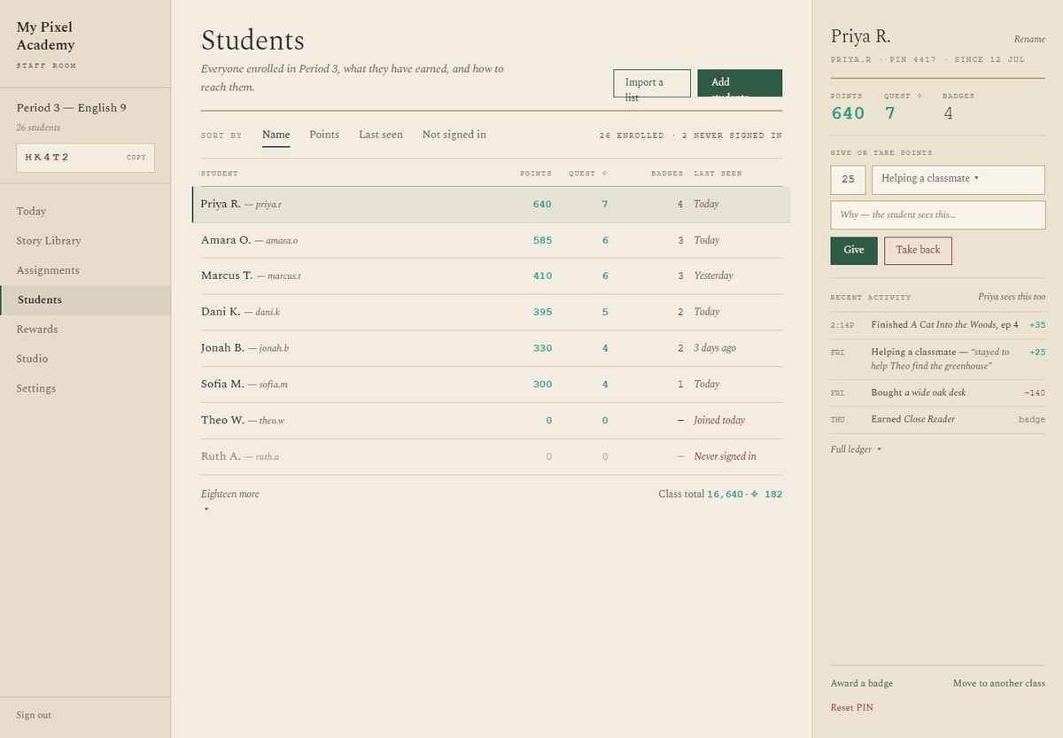 The Students screen: every student in the period with their points, quests and badges, a class code to share, and a side panel for giving or taking points from one student with a note they will read.