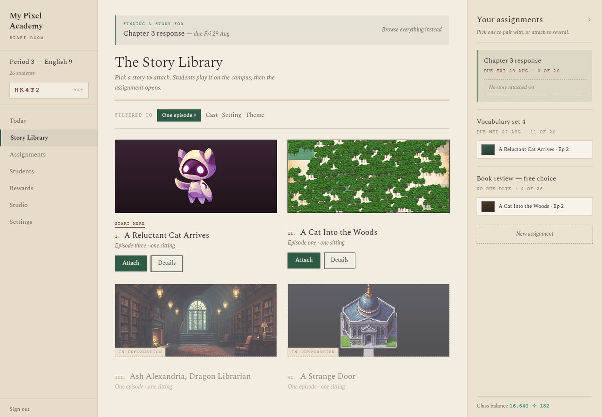 The Story Library: ready-made story arcs written for the platform, each with a summary and an episode count, to attach to an assignment.